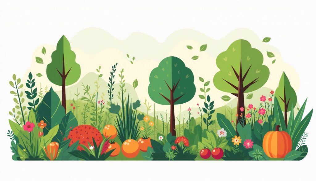 Een moderne, minimalistische illustratie van een levendige tuin met geometrische vormen.