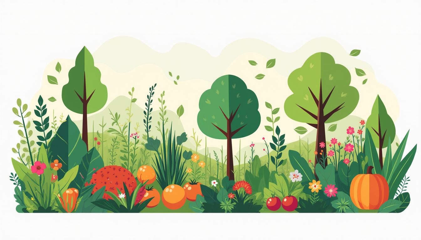 Een moderne, minimalistische illustratie van een levendige tuin met geometrische vormen.