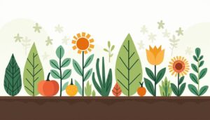 Een minimalistische permacultuur tuin met diverse eetbare planten.