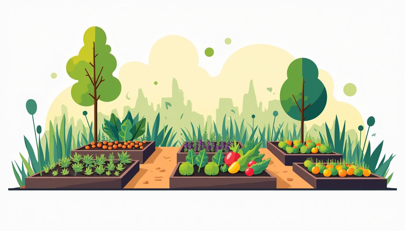 Een moderne permacultuur tuin in België met geometrische bedden en fruitbomen.