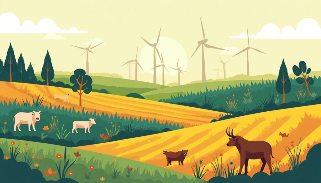 Een minimalistische illustratie van een diverse permacultuurboerderij met gewassen, dieren en windmolens.