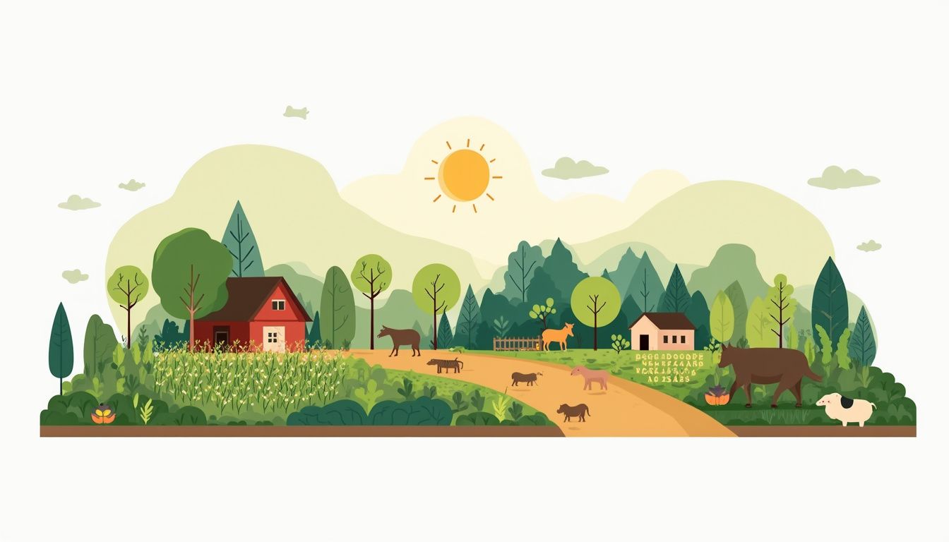 Een minimalistische flat design illustratie van een permacultuurboerderij.