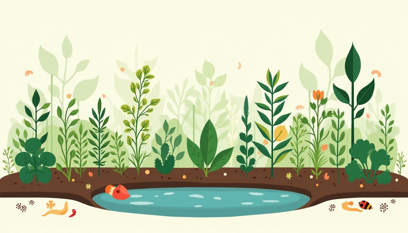 Een georganiseerde permacultuurtuin met planten, mulch en diereniconen. Een georganiseerde permacultuurtuin met planten, mulch en diereniconen.