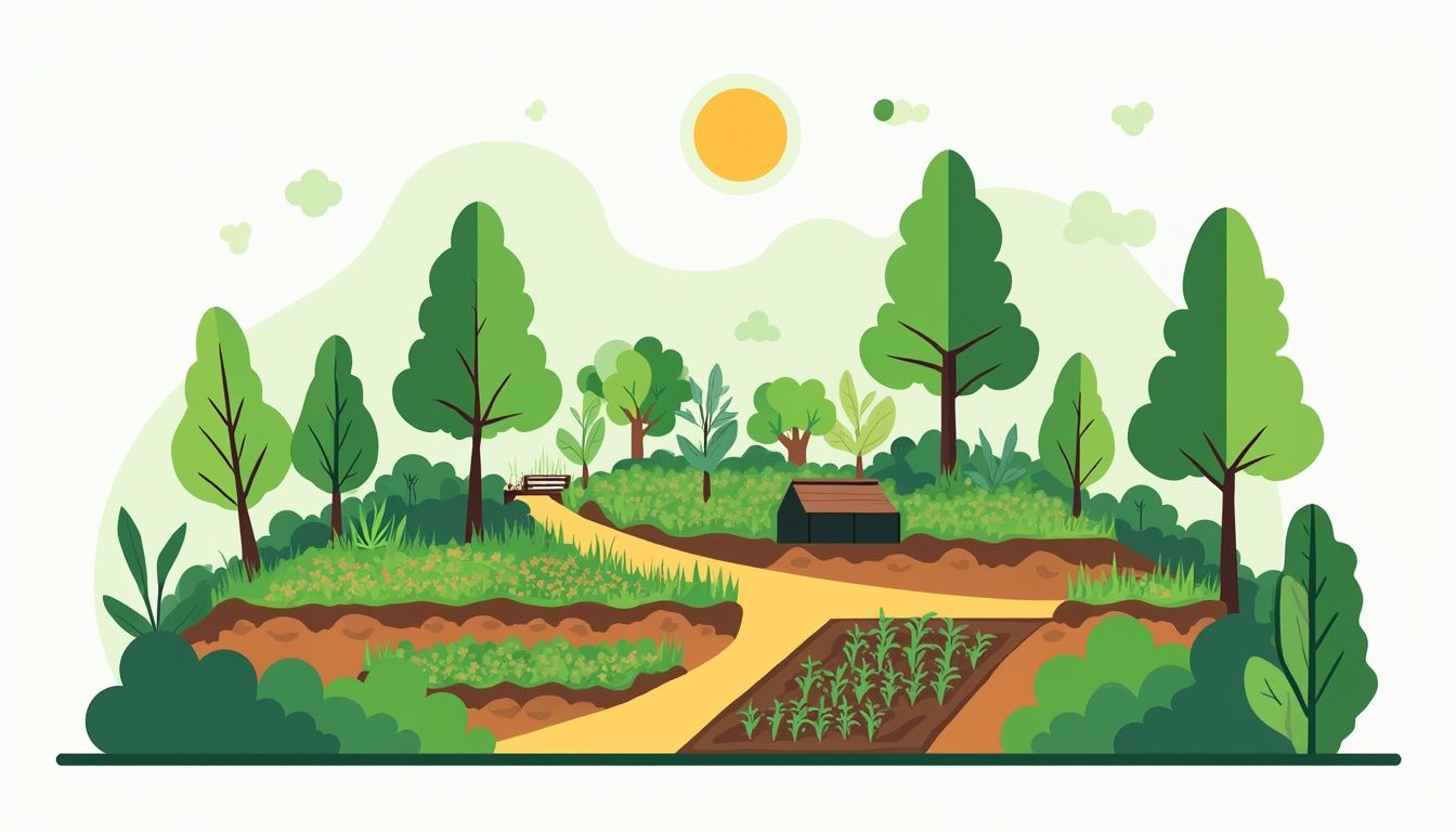 Een minimalistische, vlakke illustratie van een levendige permacultuurtuin. Een minimalistische, vlakke illustratie van een levendige permacultuurtuin.