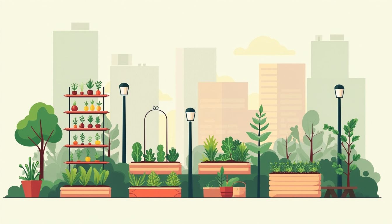 Een minimalistische flat design illustratie van een stedelijke stadstuin in Den Haag.