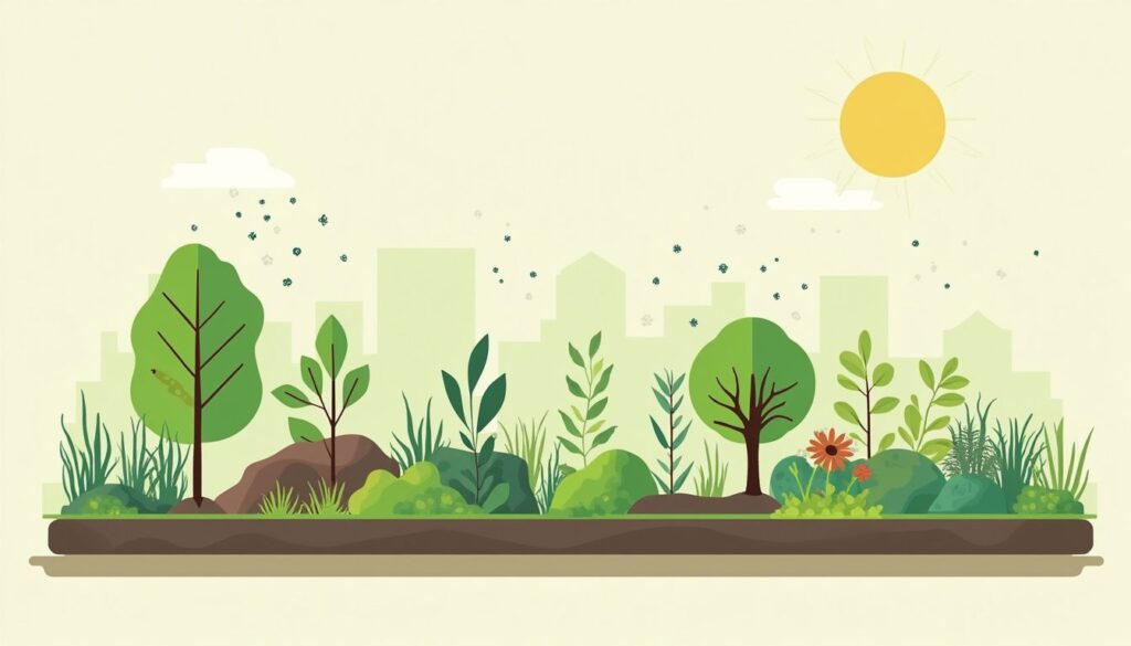 Een flat design vector illustratie van een permacultuur tuin op een zachte achtergrond.