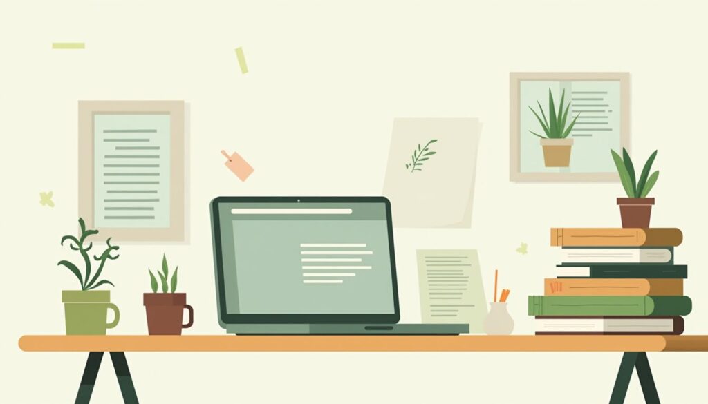 Een minimalistische permacultuurwerkruimte met boeken, aantekeningen en laptop.