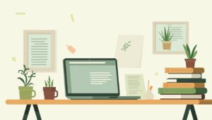 Een minimalistische permacultuurwerkruimte met boeken, aantekeningen en laptop.