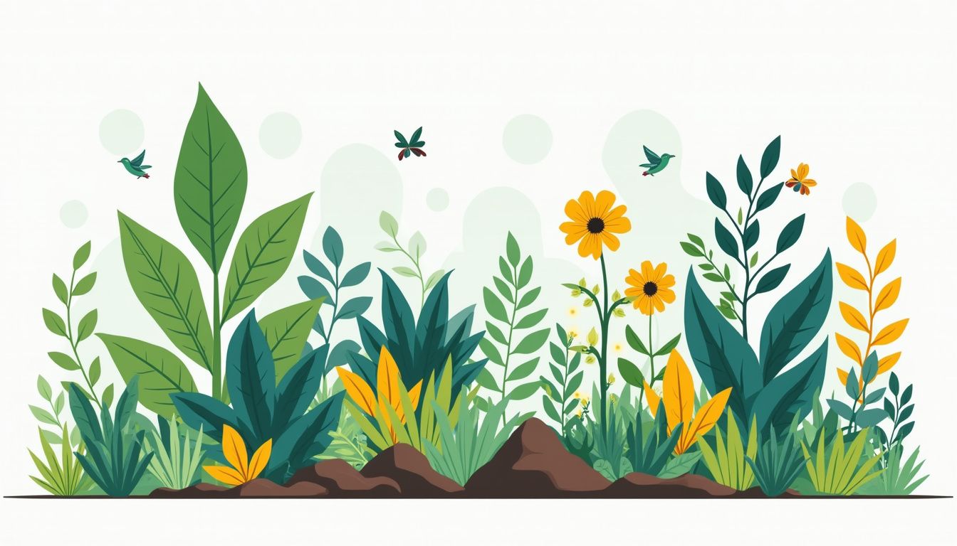 Een minimalistische flat vector illustratie van een weelderige permacultuurtuin.