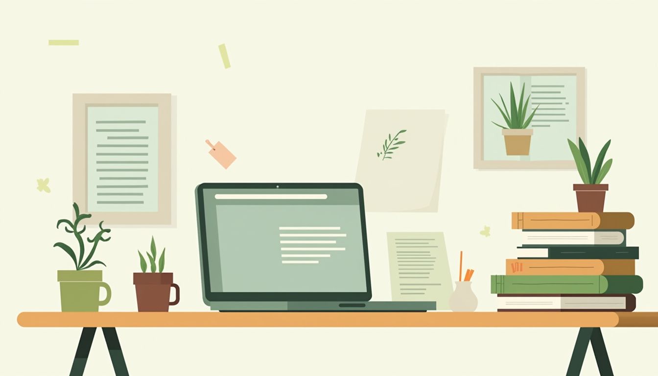 Een minimalistische permacultuurwerkruimte met boeken, aantekeningen en laptop.