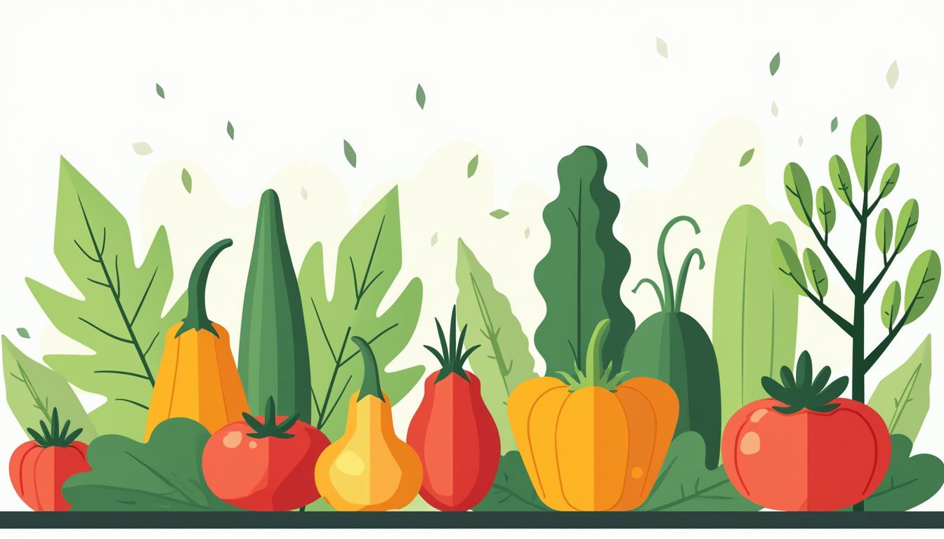 Een minimalistische vectorillustratie van een diverse moestuin met heldere kleuren. Een minimalistische vectorillustratie van een diverse moestuin met heldere kleuren.