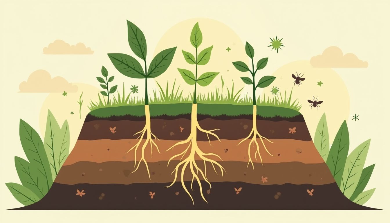 Een moderne, minimalistische illustratie van een permacultuurtuin met nadruk op bodemgezondheid. Een moderne, minimalistische illustratie van een permacultuurtuin met nadruk op bodemgezondheid.