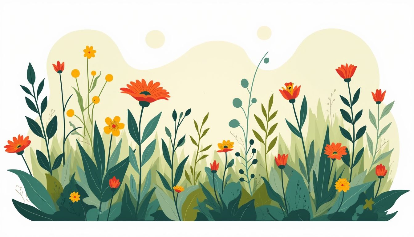 Een moderne, minimalistische illustratie van een ruraal permacultuur tuin.