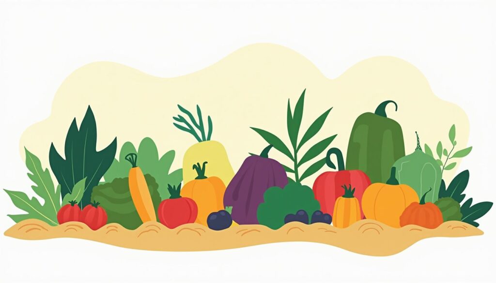 Een moderne, minimalistische tuin met groenten en fruit in geometrische vormen.