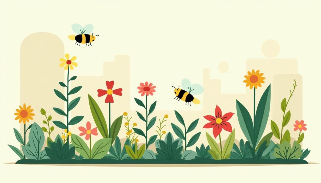 Een moderne, duurzame moestuin met planten, bloemen en bijen.