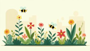 Een moderne, duurzame moestuin met planten, bloemen en bijen.