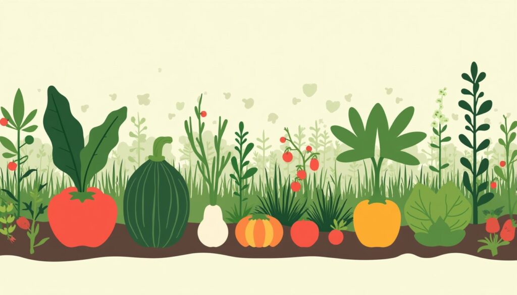 Een moderne, minimalistische illustratie van een permacultuur gemeenschapstuin in Meppel.