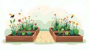 Een minimalistische flat design illustratie van een permacultuur moestuin.