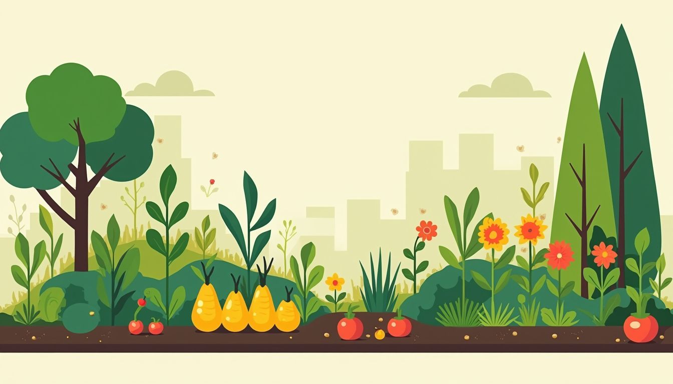 Een moderne, vlakke illustratie van een diverse permacultuur moestuin in een buitenwijk. Een moderne, vlakke illustratie van een diverse permacultuur moestuin in een buitenwijk.