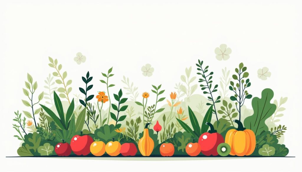 Een bloeiende permacultuurtuin met diverse eetbare planten en kruiden.