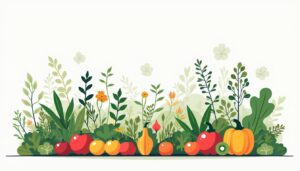 Een bloeiende permacultuurtuin met diverse eetbare planten en kruiden.