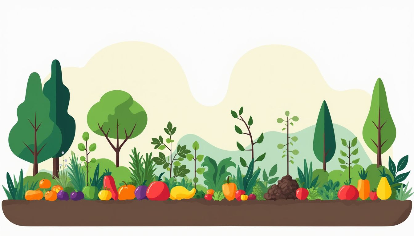 Een diverse permacultuurtuin met groenten, fruit en kruiden in geometrische illustratie.