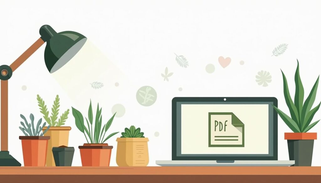 Een flat design vector illustratie van een bureau met tuiniersgereedschap en een open laptop.