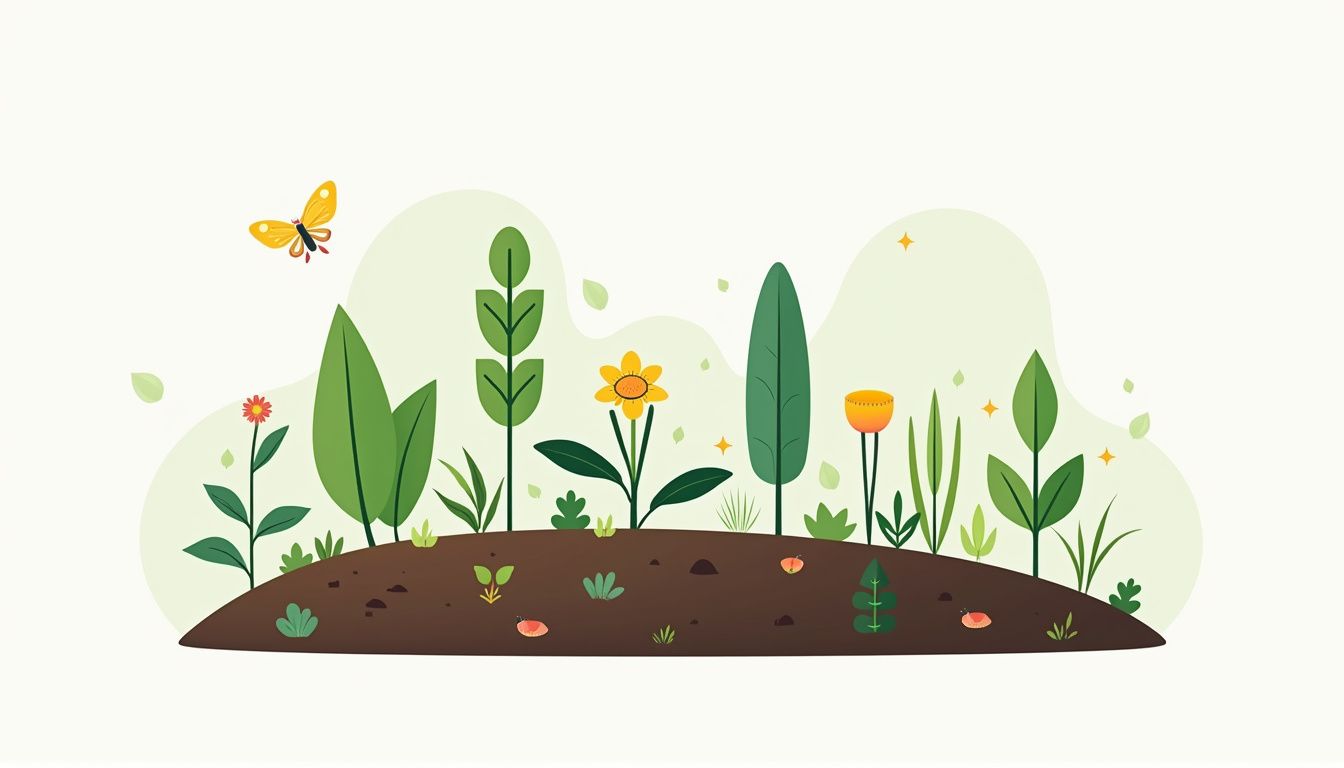Een minimalistische platte ontwerptekening van een tuinscène met planten en insecten. Een minimalistische platte ontwerptekening van een tuinscène met planten en insecten.