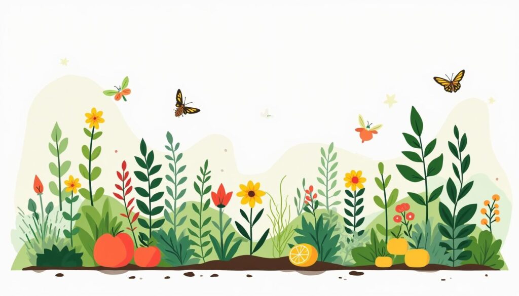 Een minimalistische platte vectorillustratie van een landelijke achtertuin met permacultuurplanten.