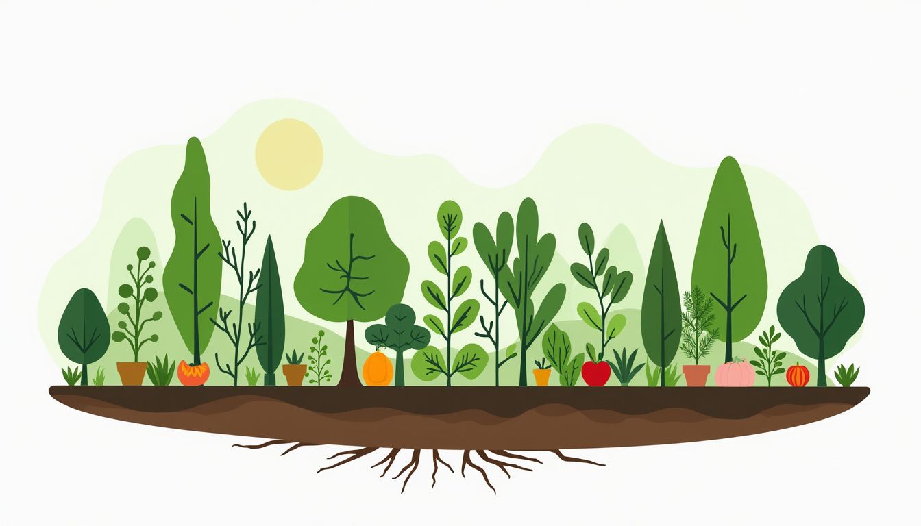 Een flat design illustratie van een permacultuurtuin met fruitbomen en kruiden. Een flat design illustratie van een permacultuurtuin met fruitbomen en kruiden.