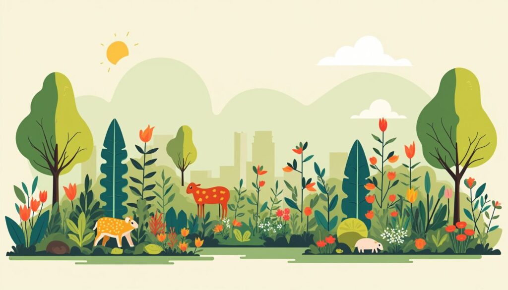 Een minimalistische illustratie van een weelderige, duurzame permacultuurtuin in een oud Europees dorp.