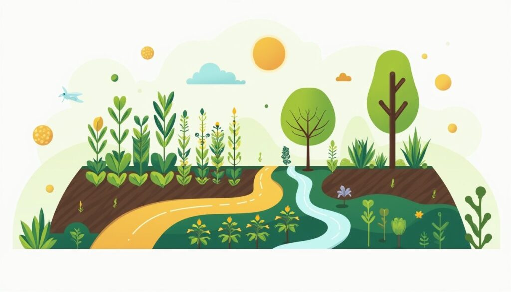 Een minimalistische flat design illustratie van een permacultuur boerderij.