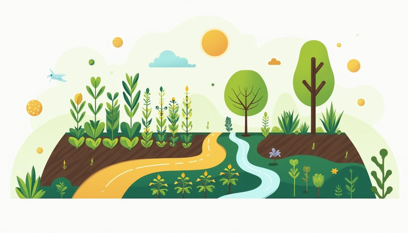 Een minimalistische flat design illustratie van een permacultuur boerderij.