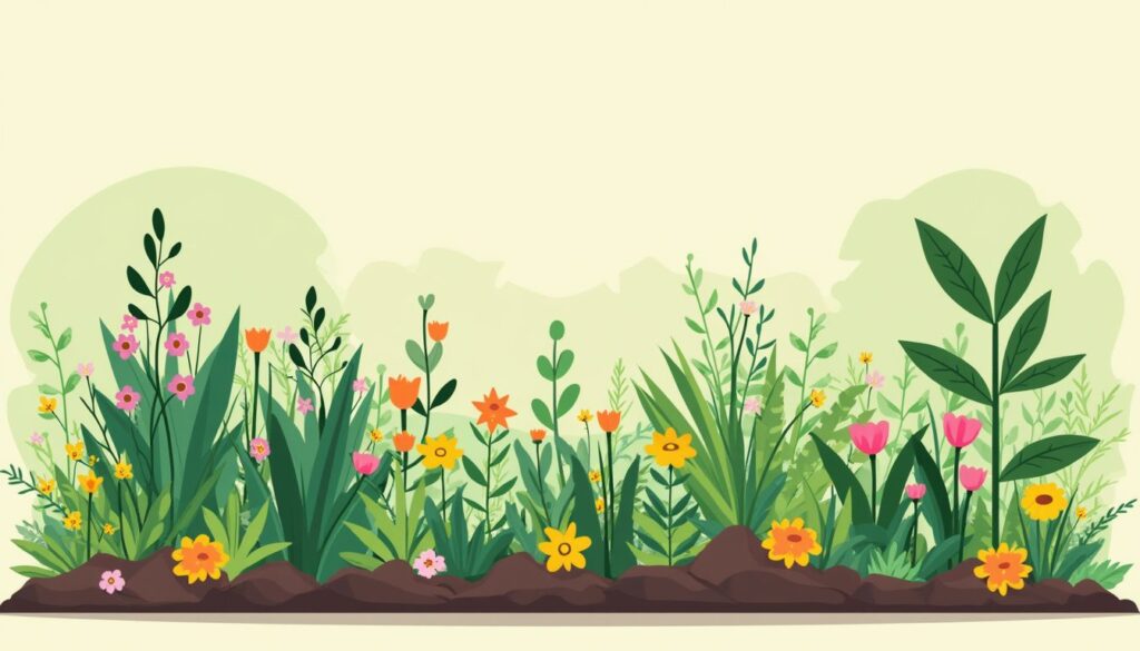 Een moderne flat-design illustratie van een weelderige permacultuur tuin.