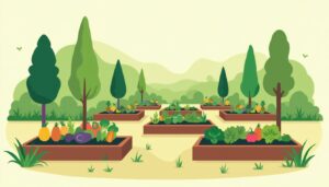 Een moderne, minimalistische illustratie van een weelderige moestuin met geometrisch gerangschikte verhoogde bedden en fruitbomen.