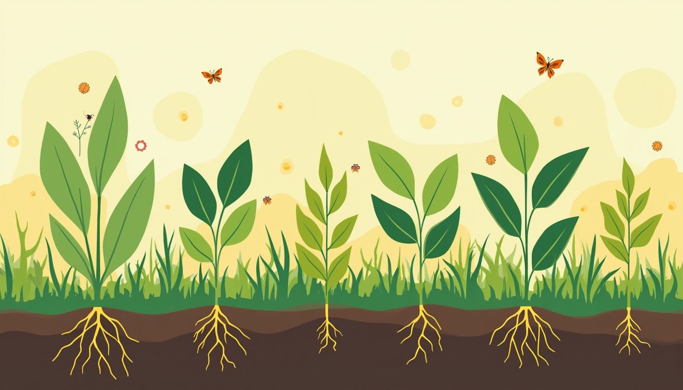 Een levendige tuinscene in minimalistische stijl met planten en insecten.