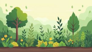 Een moderne, minimalistische illustratie van een diverse permacultuurtuin.