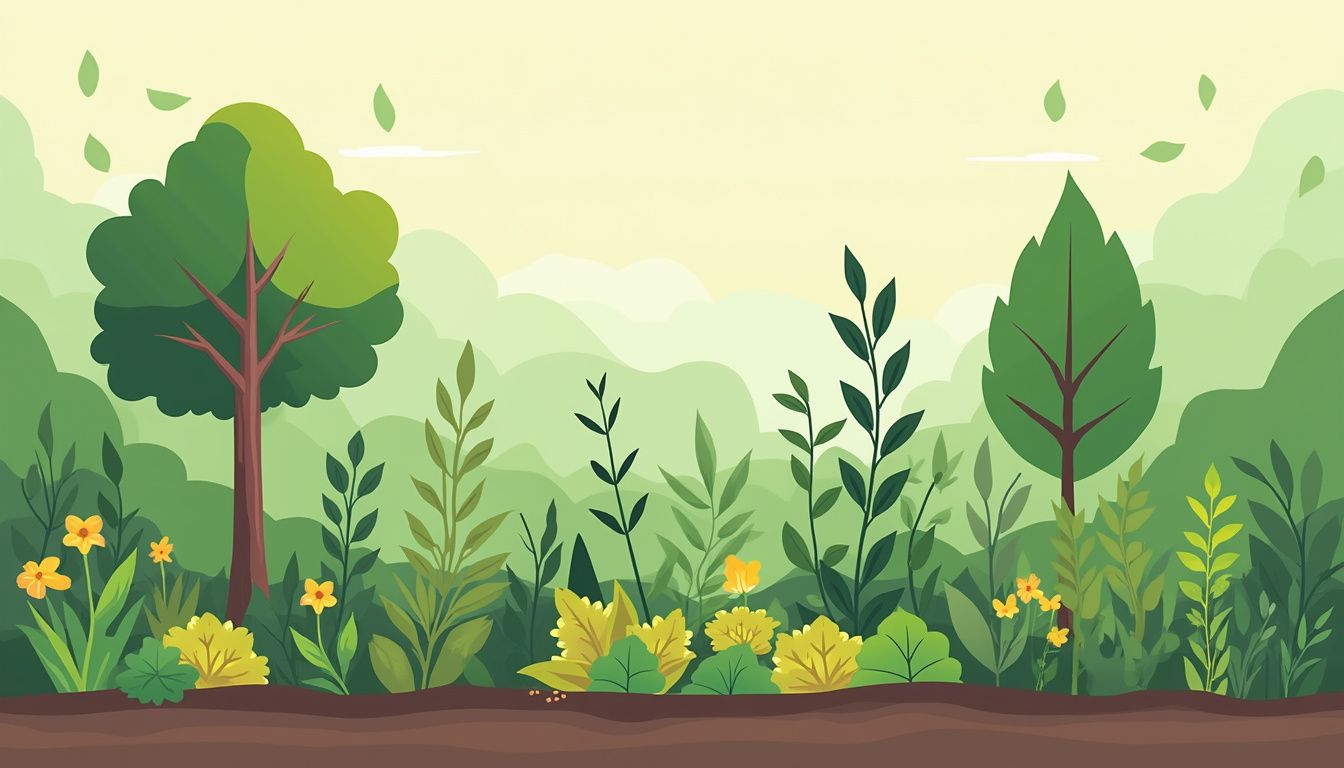 Een moderne, minimalistische illustratie van een diverse permacultuurtuin.