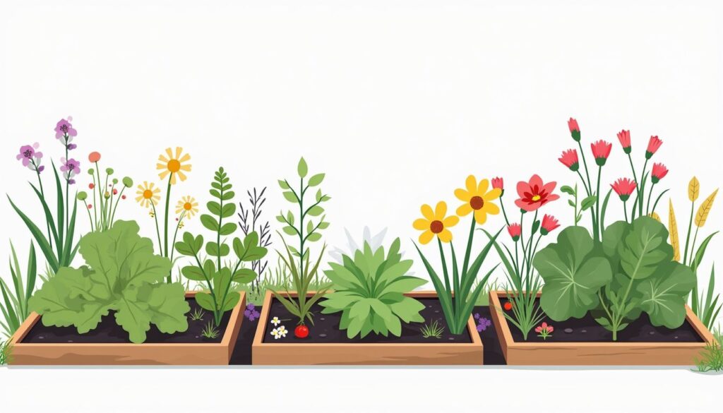 Een minimalistische achtertuin volgens permacultuurprincipes, met georganiseerde tuinbedden en gezonde planten.