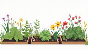 Een minimalistische achtertuin volgens permacultuurprincipes, met georganiseerde tuinbedden en gezonde planten.