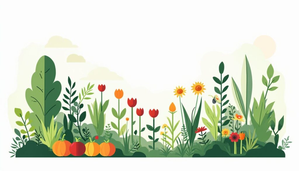 Een moderne, minimalistische illustratie van een duurzame achtertuin met planten.