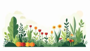 Een moderne, minimalistische illustratie van een duurzame achtertuin met planten.