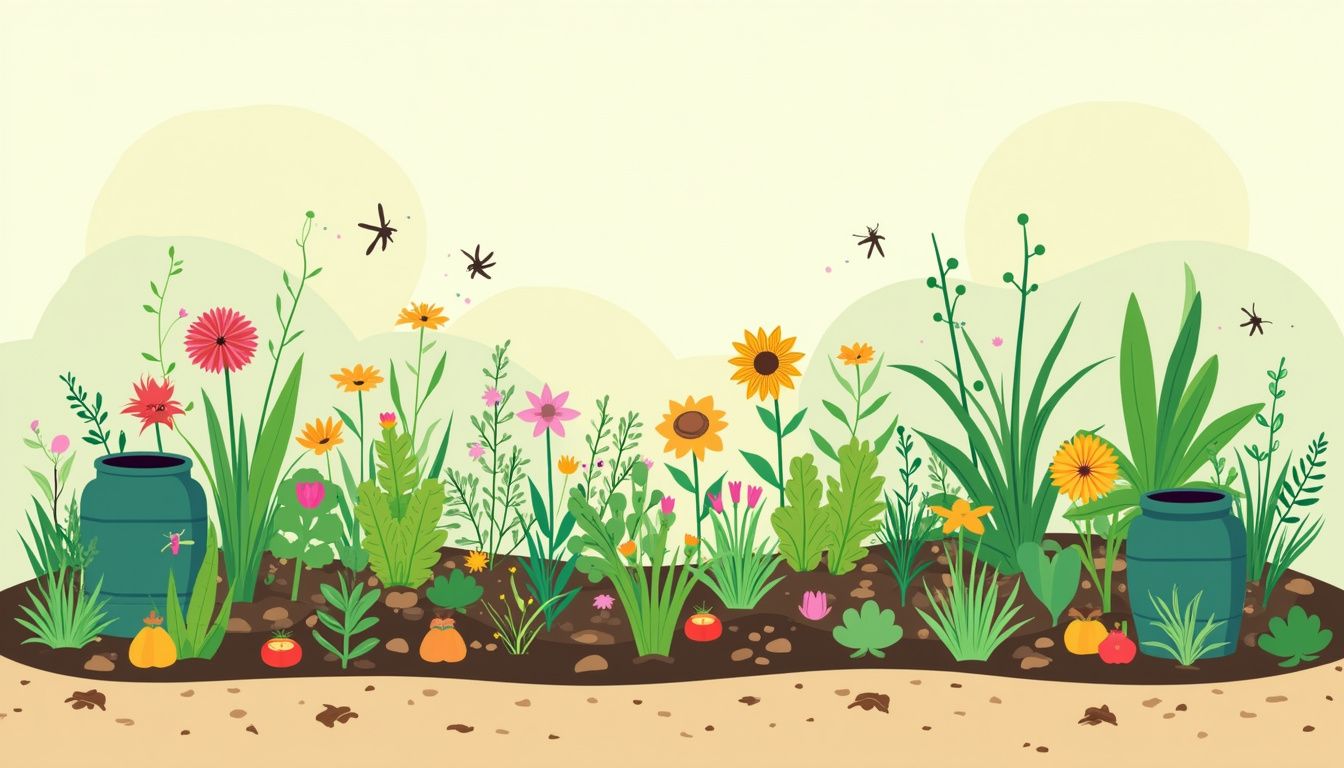 Een levendige tuin met bloemen, kruiden en groenten in minimalistische vector illustratie. Een levendige tuin met bloemen, kruiden en groenten in minimalistische vector illustratie.