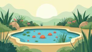 Een minimalistische flat vector illustratie van een permacultuur vijver in een achtertuin.