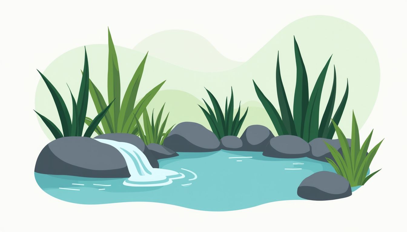 Een minimalistische flat design illustratie van een permacultuur vijver met planten en rotsen. Een minimalistische flat design illustratie van een permacultuur vijver met planten en rotsen.