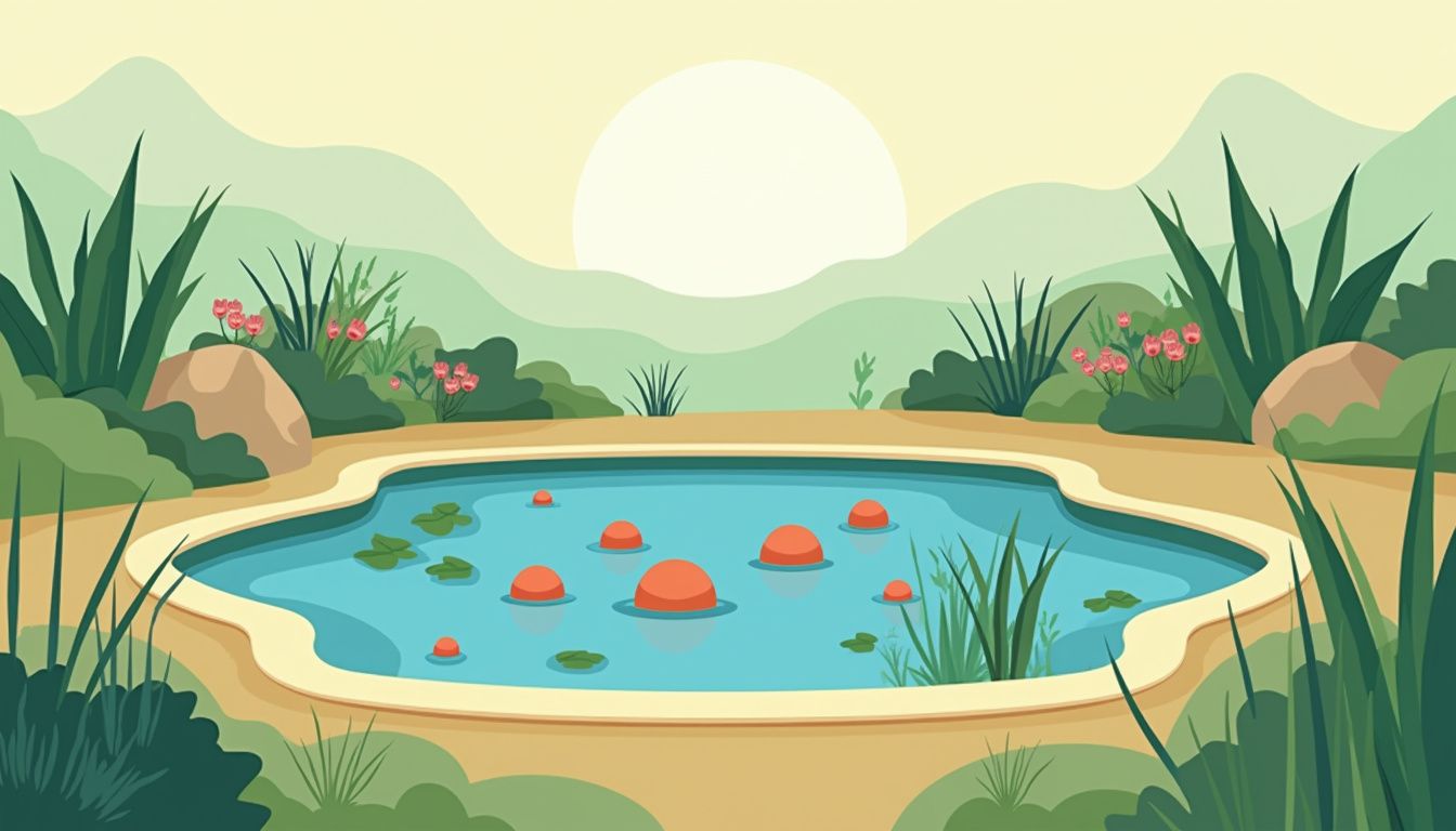 Een minimalistische flat vector illustratie van een permacultuur vijver in een achtertuin.