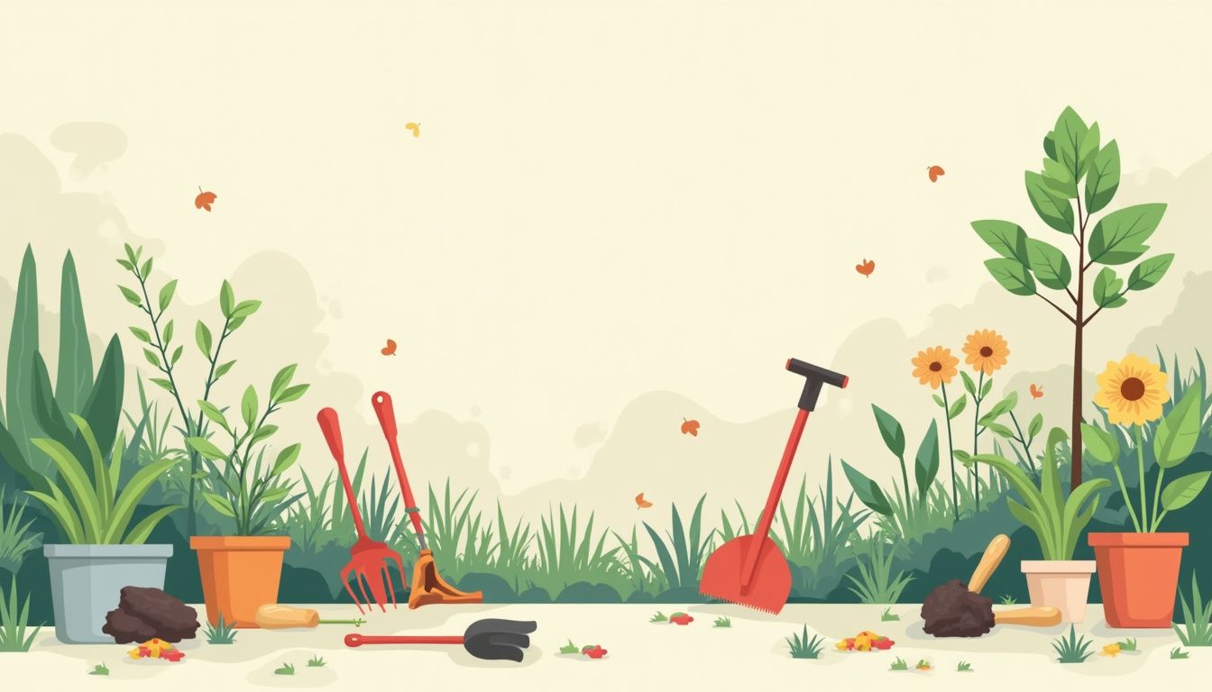 Een illustratie van een rommelige achtertuin met overwoekerde planten en gereedschap. Een illustratie van een rommelige achtertuin met overwoekerde planten en gereedschap.