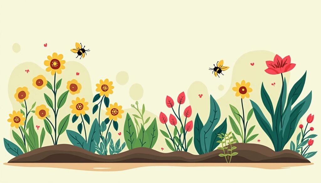 Een kleurrijke tuin met diverse planten in een minimalistische stijl.