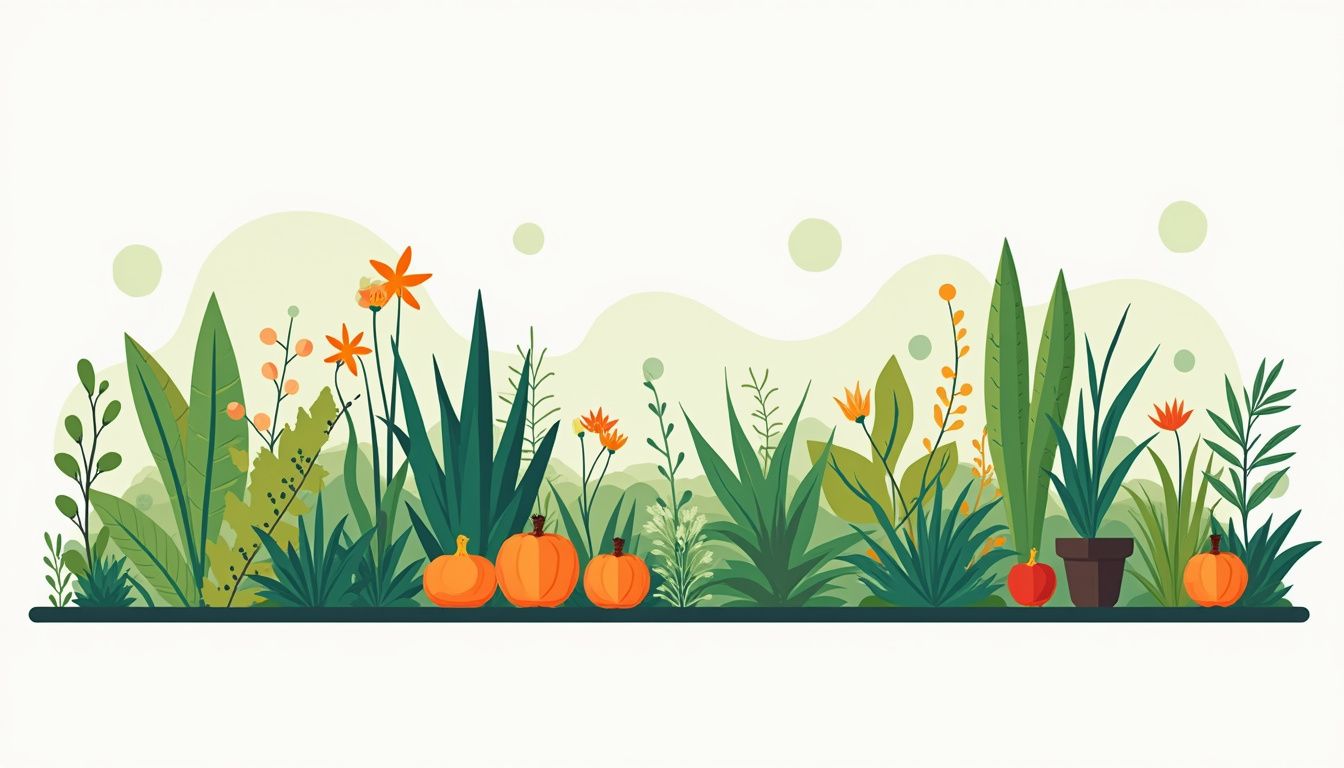 Een moderne, minimalistische illustratie van een permacultuur tuin met levendige kleuren.