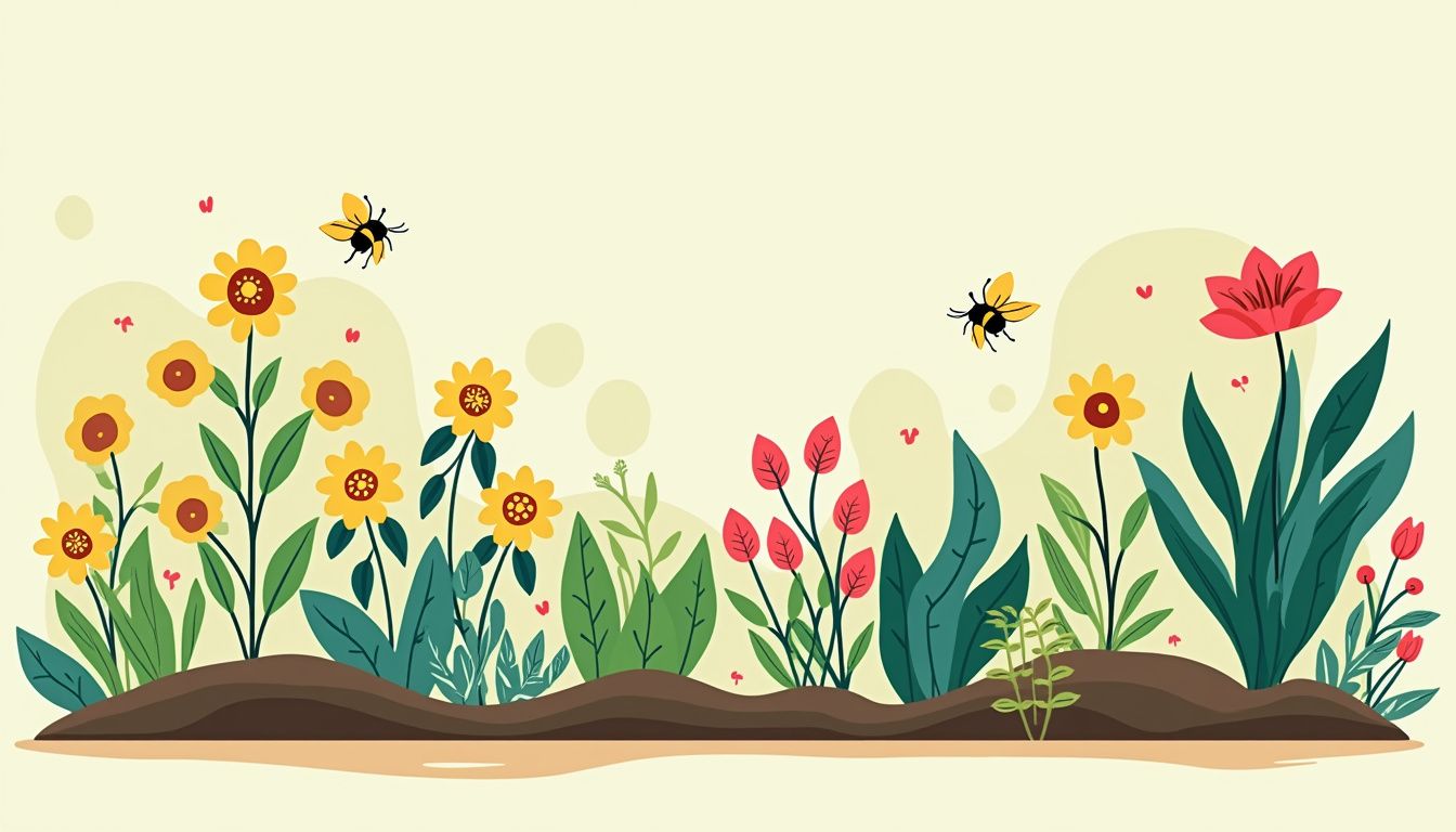 Een kleurrijke tuin met diverse planten in een minimalistische stijl.